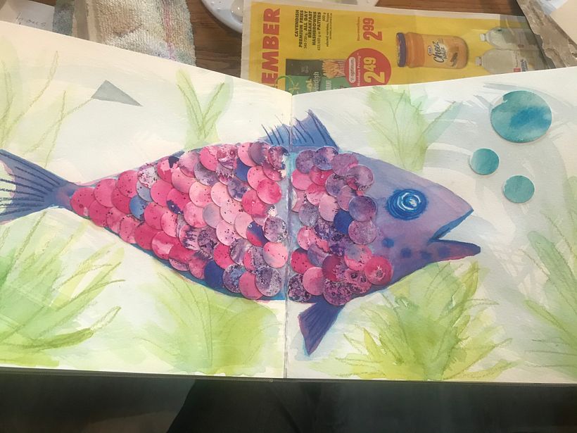 Fish using collage, watercolor and pencil crayons