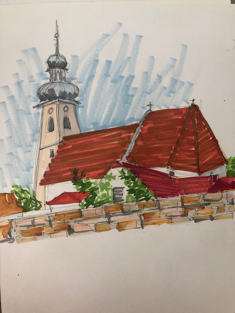 Same church. I made it by looking at my previous drawing so it would not be as realistic. The markers add to the energy!
