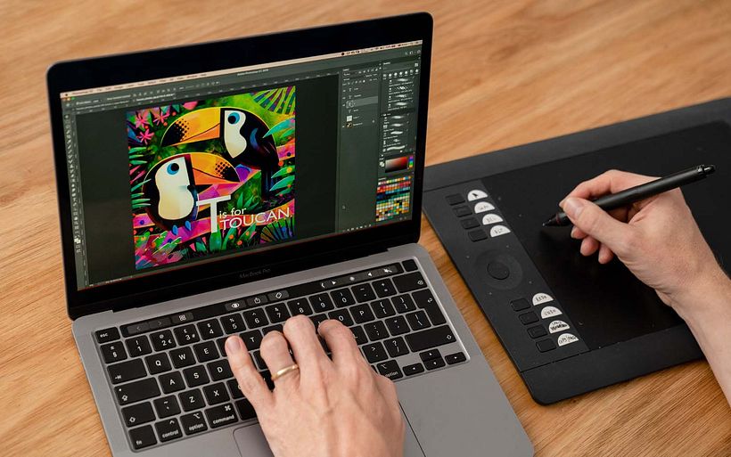 A área de trabalho de Gareth se concentra em criar espaço para muitas camadas e amostras de cores