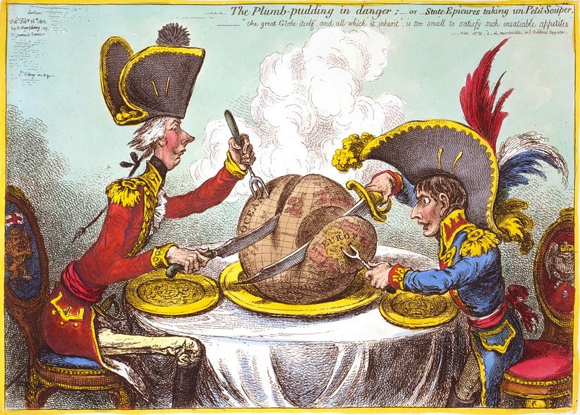 James Gillray’s "The Plumb-Pudding in Danger" (1805) showing Bonaparte and Pitt dividing the world.