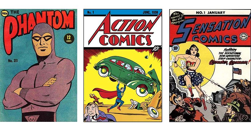 Covers for the first appearances of The Phantom, Superman, and Wonder Woman.