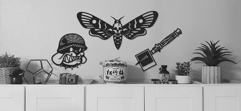 Client: Black Lining Wall Art. Tattoo Inspired wall art laser-cut from wood and painted matte black