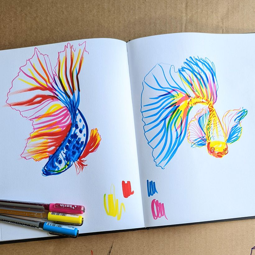 Betta fish drawn using transparent brush pens