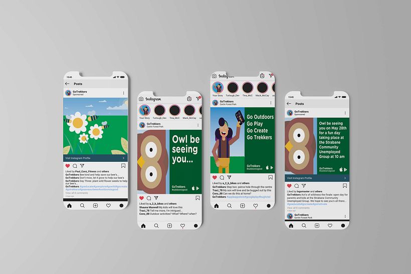 Social media campaign screens launching the GoTrekkers brand and app.