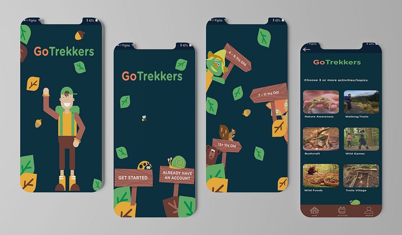 GoTrekkers app prototype screens.