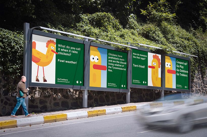 A series of out of home adverts on an Adshel pedestrian footpath. The series of ads uses Chaz the chicken to draw the viewer 