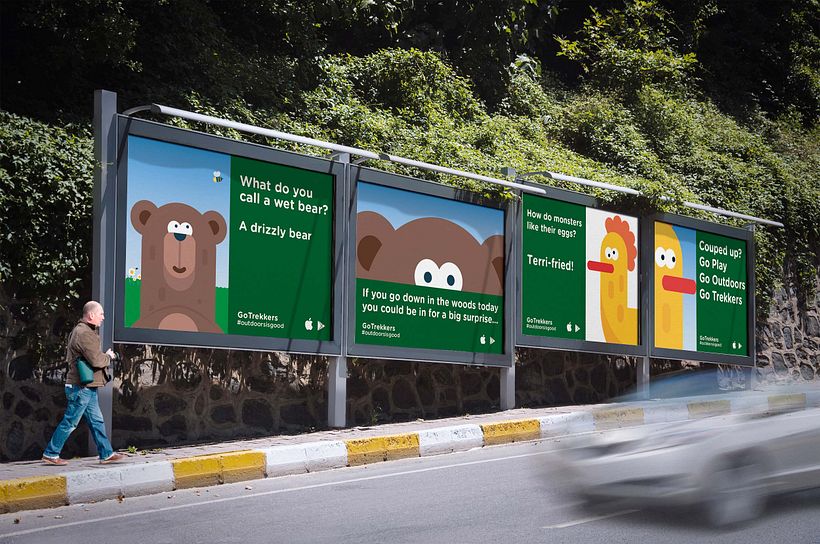A series of out of home adverts on an Adshel pedestrian footpath. The series of ads uses Bazza the bear and Chaz the chicken.