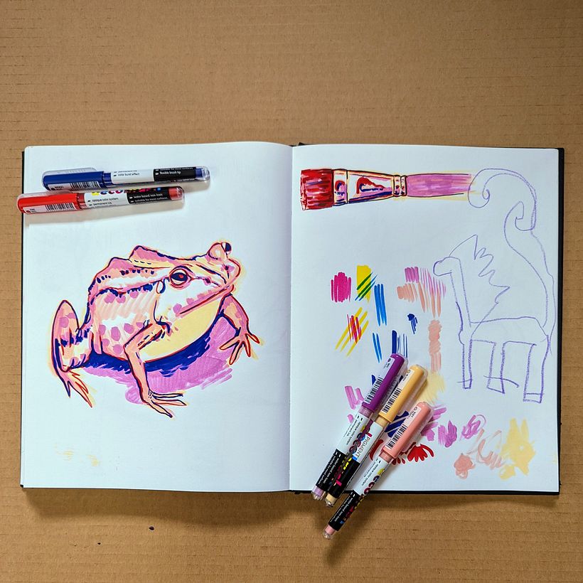 Sketchbook page example: drawing from a photo reference (frog) and from life (paintbrush)