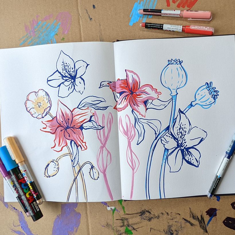 Sketchbook page example: flowers drawn from photo reference