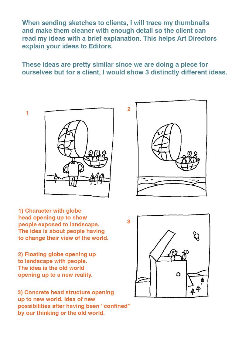 Here's the three ideas from my thumbnails which I selected. I do fairly simple readable sketches for the client
