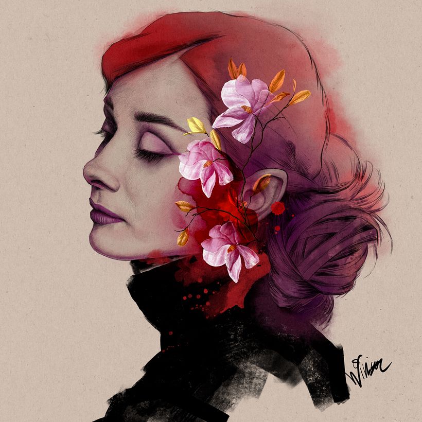 Audrey Hepburn with Magnolia // Digital Portrait Illustration with Procreate // Instagram: @winsonwow