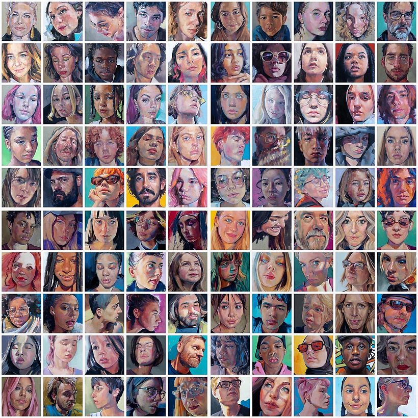 Between September 2021 and June 2022 I worked on a series of 100 portraits. They were all 20cm x 20cm.