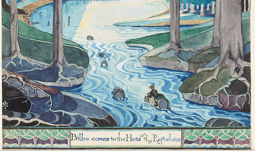 Ausschnitt aus "Bilbo kommt zu den Hütten der Floß-Elben" (1937), via Tolkien Estate.