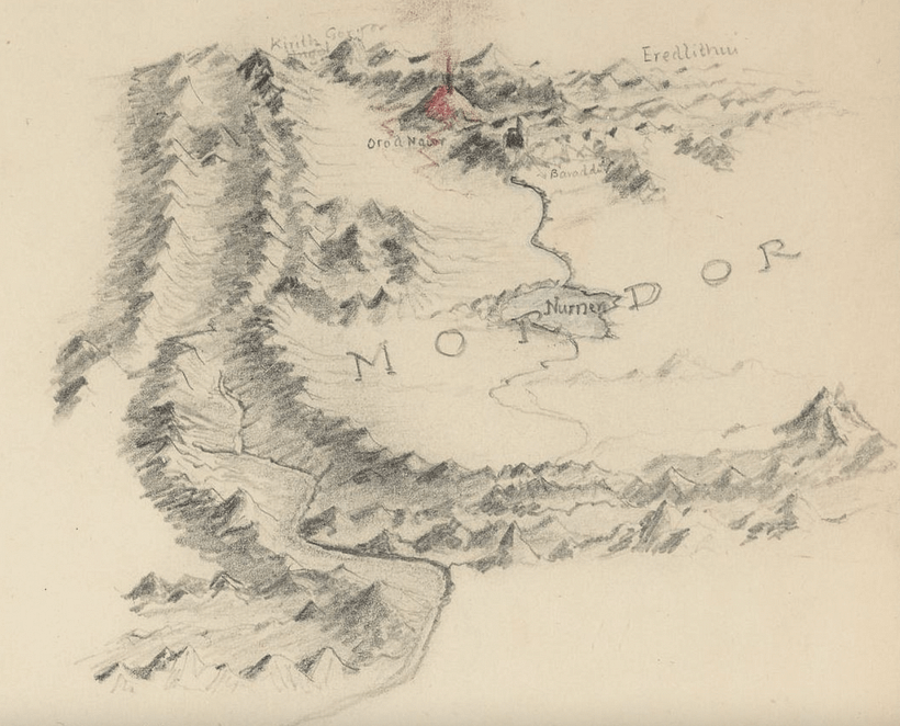 Skizze von Mordor und dem Schicksalsberg (1940er Jahre), via Tolkien Estate.