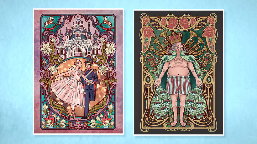 Ejemplos de ilustraciones en estilo Art Nouveau. 