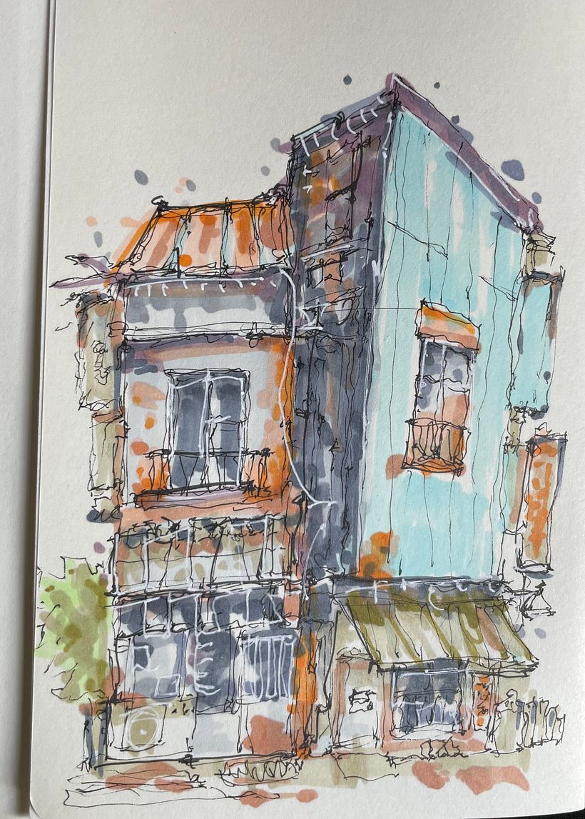 My very first attempt! Love this style of sketching though. Think I went a bit too bold on the colour..