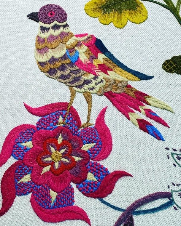 Grande broderie circulaire , Chinoise , en fil de soie , e