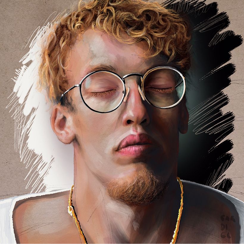 Personaje con los ojos cerrados.