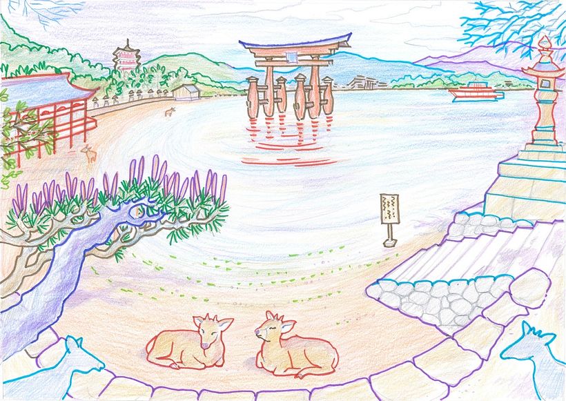 Composition and drawing in colored pencils of my view of Miyajima.