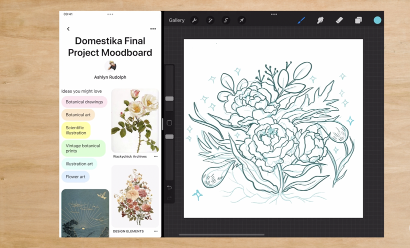 Using inspiration from a mood board and other references, I create a sketch for my piece.