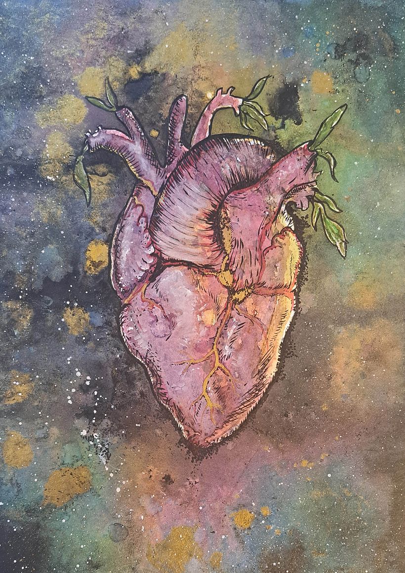 by a song "Cosmic heart" inspired of Florence and The Machine (Cosmic Love) tecnique: watercolour, blak and gold ink