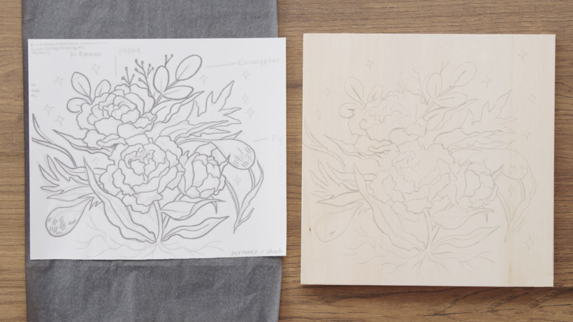 Printed out my sketch, and transferred it onto wood.