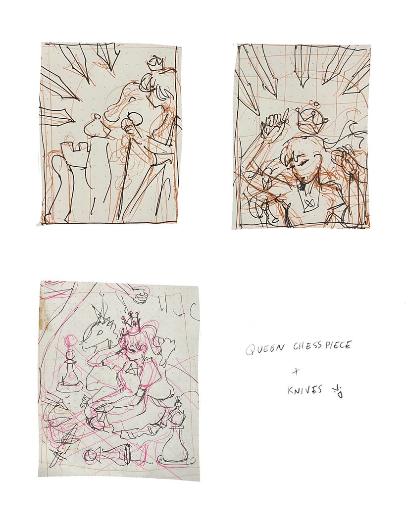 my thumbnails: i wanted to do something about the 'queen' chesspiece being simultaneously very regal and dangerous.