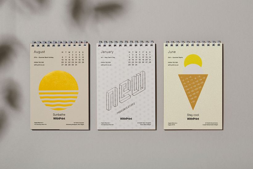Calendar design with a mix of hot foil stamping and white/digital ink by Laura Jane Boast
