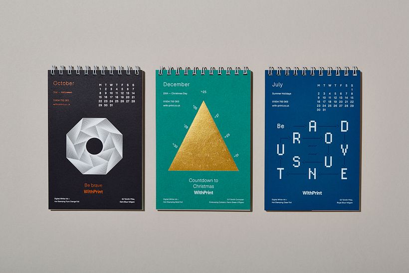 Calendar design with a mix of hot foil stamping and white ink by Laura Jane Boast