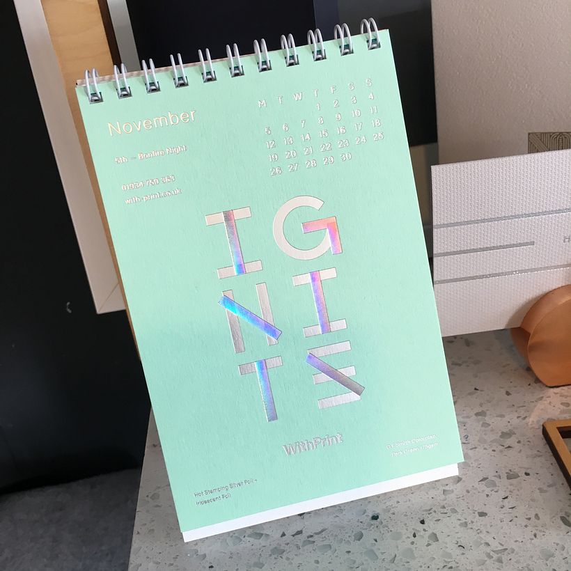November calendar design with 2 x silver hot foil stamping design by Laura Jane Boast