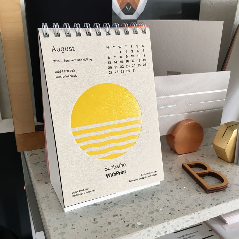 August calendar design with yellow hot foil stamping design by Laura Jane Boast