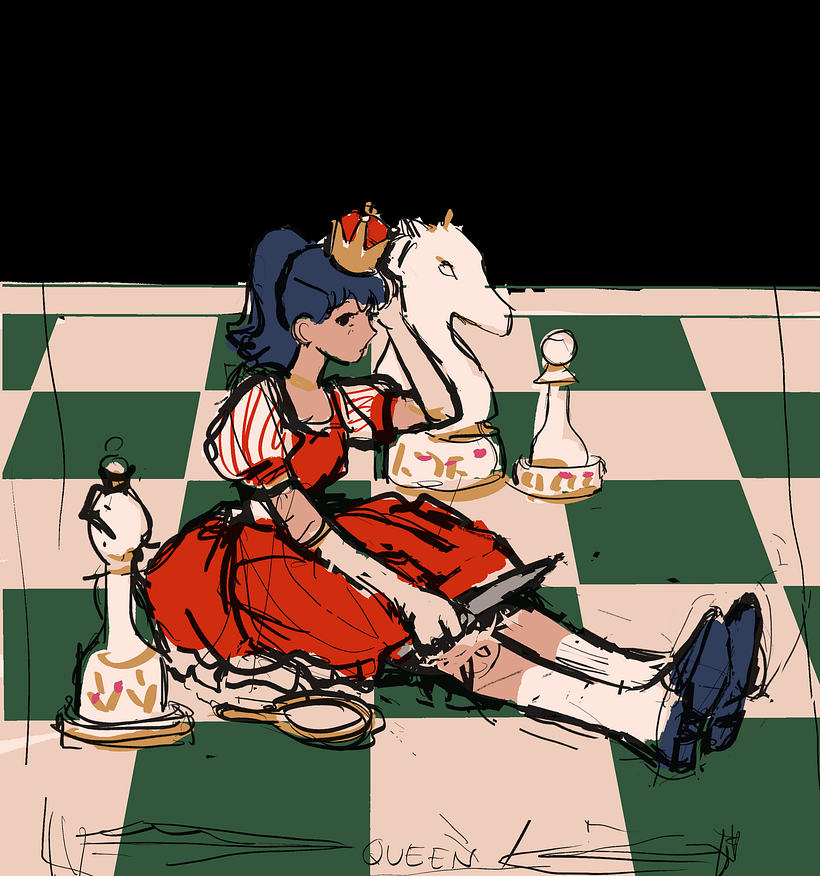initial sketch i ended up going with. i don't often draw full body characters or backgrounds so i wanted to challenge myself
