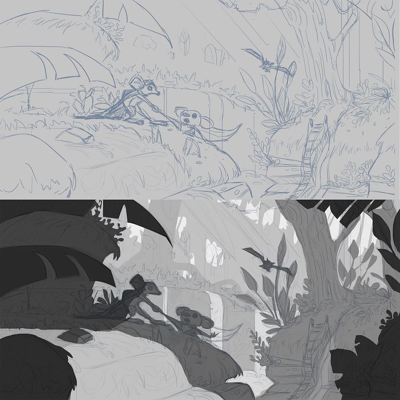 Added story elements, a goal, a threat and a buddy. A rough value and light pass.