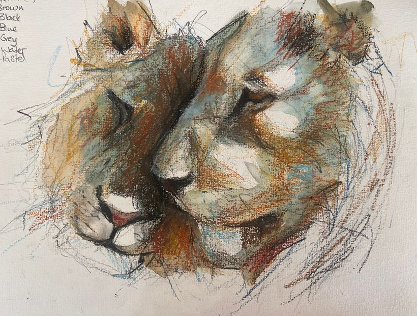 De l'eau a été ajoutée pour activer la peinture. Des pastels à l'huile ont été ajoutés pour un effet plus marqué.