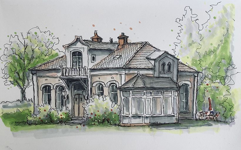 Oude villa aquarel en inkt -  Schetsen