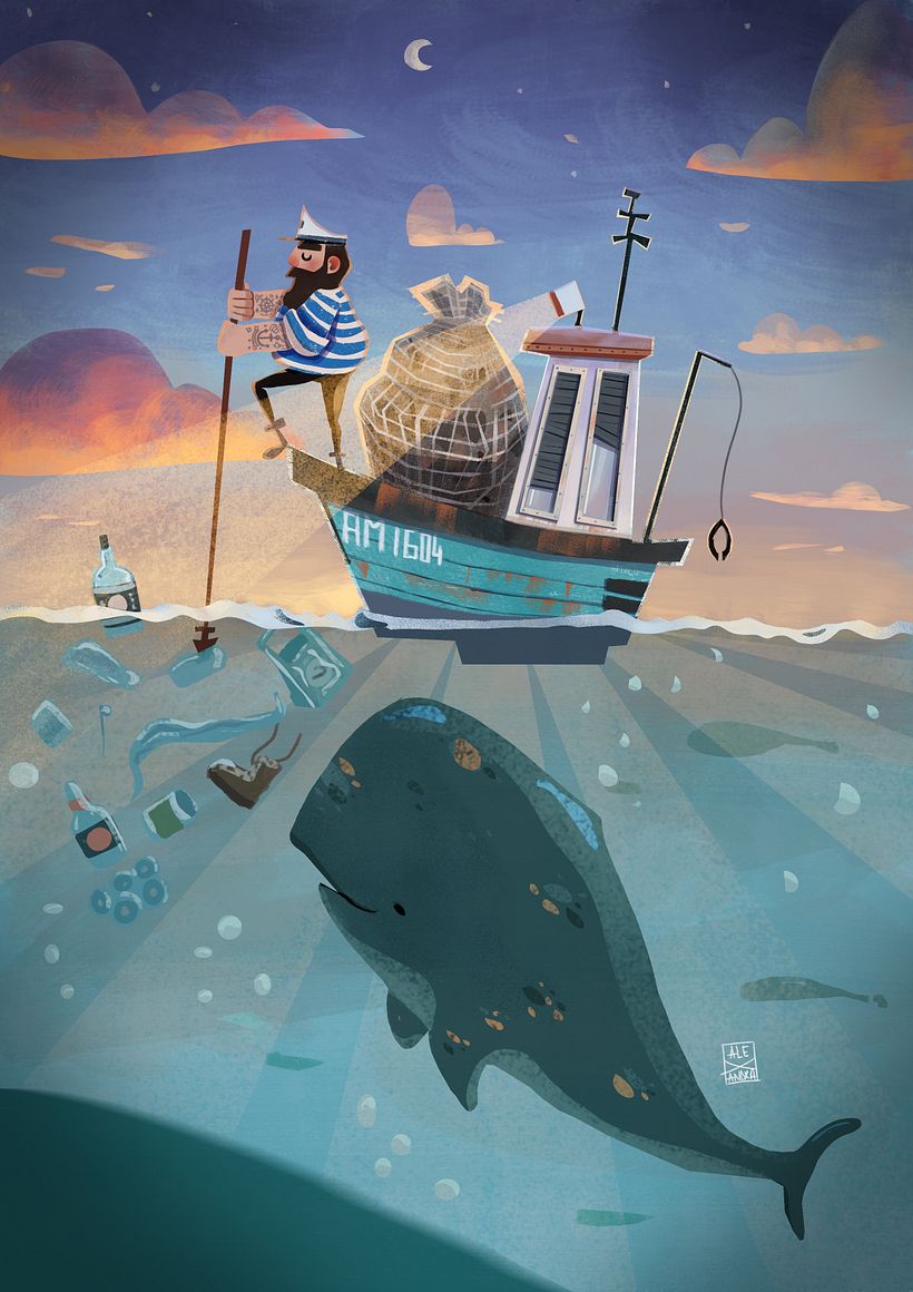 Hi everyone!  Here is an illustration about a sailor who only kills the ocean trash.