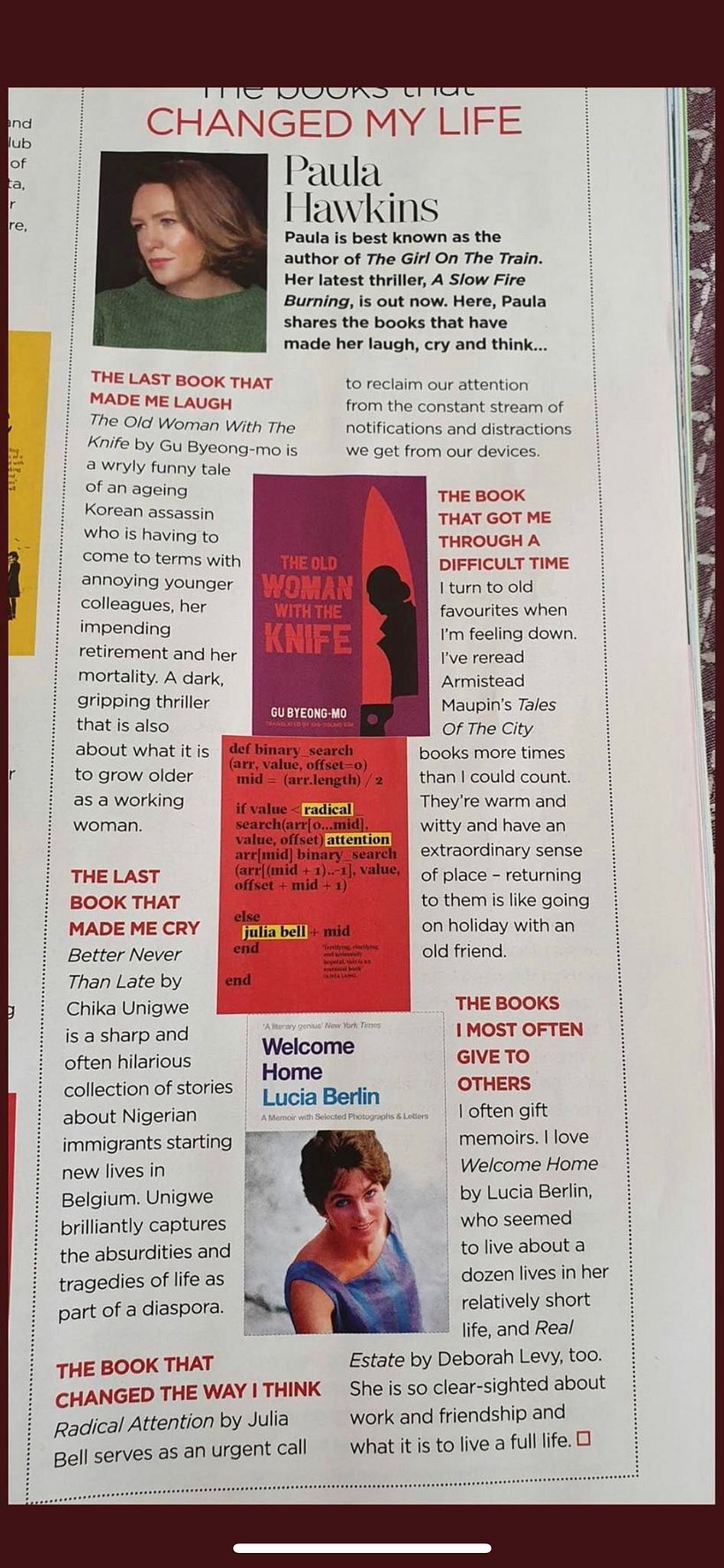 Paula Hawkins reccomdends Radical Attention in Good Housekeeping as one of the 5 books that changed her life