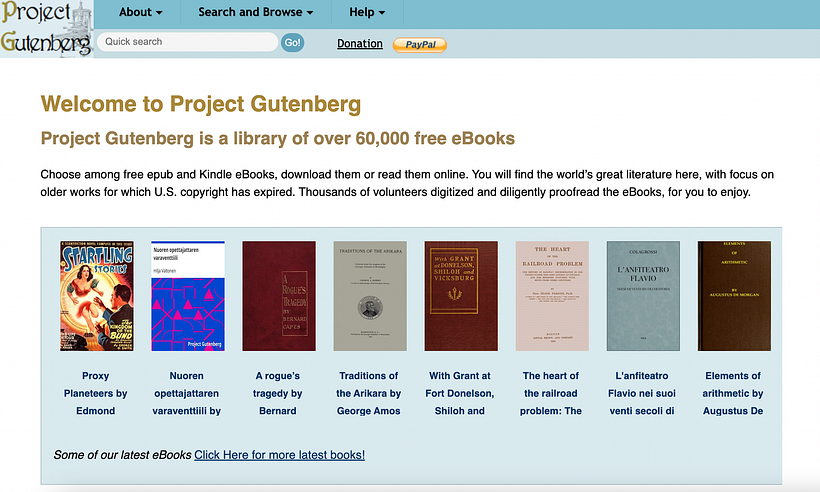 The front page of the Project Gutenberg website.