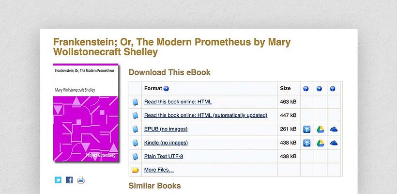 The directory page for Mary Shelley's 'Frankenstein', via gutenberg.org.