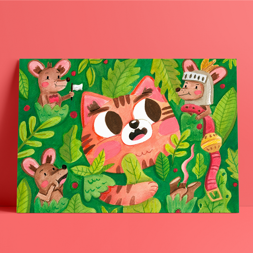 Los ratones (y gato): Acuarela en negativo para ilustración infantil 7