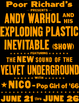 Plakat für die Ausstellung "Exploding Plastic Inevitable" (1966). Bild: Wikipedia.