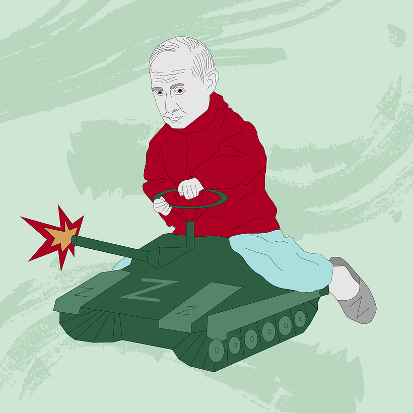 "Stoppt Putins Kriegsspiele". Illustration von Olha Verpahovska.