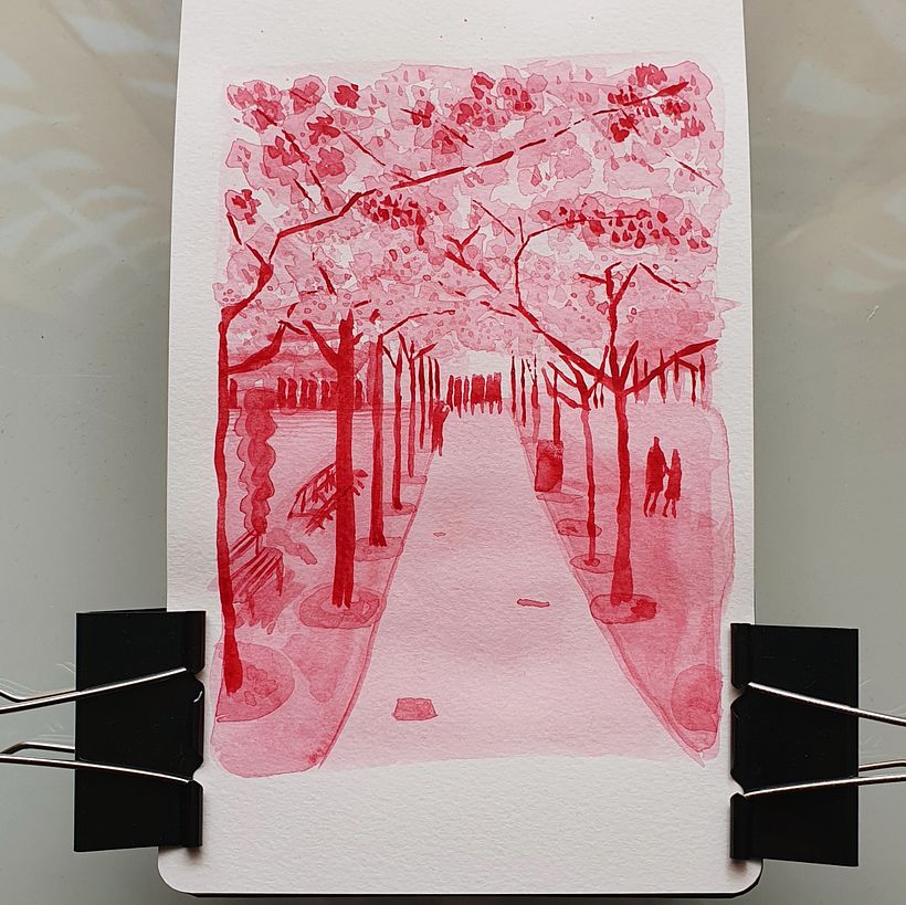 Monochrome painting of cherry blossoms