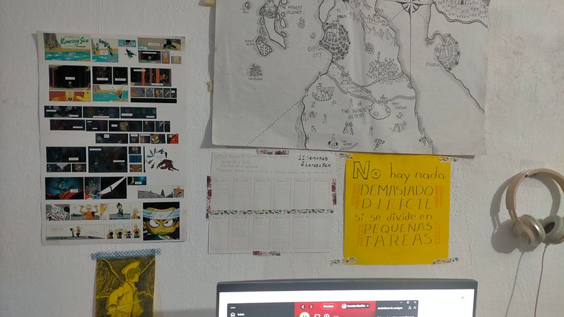 Realice el cronograma por semanas y lo coloque encima de mi área de trabajo rodeado de imágenes que me motiven a trabajar. 