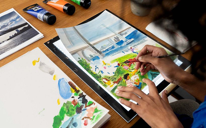 Later in her course, Mokshini shares how to add color to your sketches with paint.