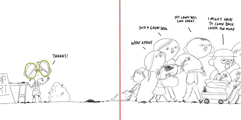 This spread is the near the midpoint fo the book wherein the main character thinks she has it made.