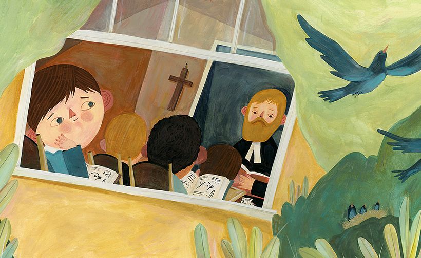 The finish of the spread used darker tones to link the boredom in class to the outside world