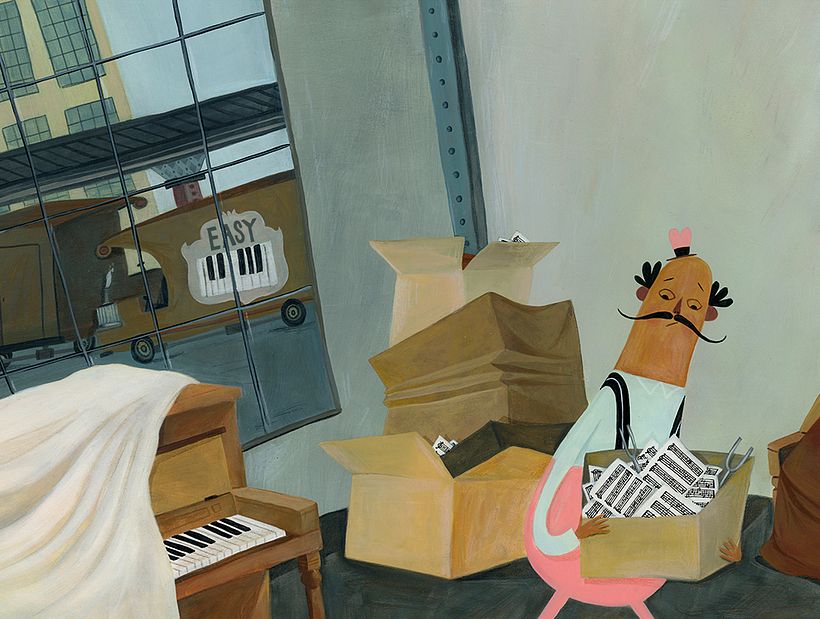 This was the first spread of the book and had to set up the whole story, thus a window allows more outside.