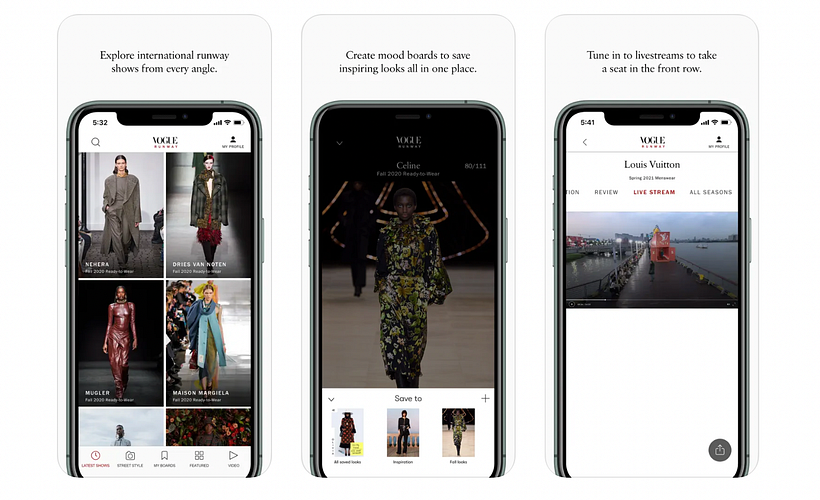 Screenshots from the Vogue Runway app.