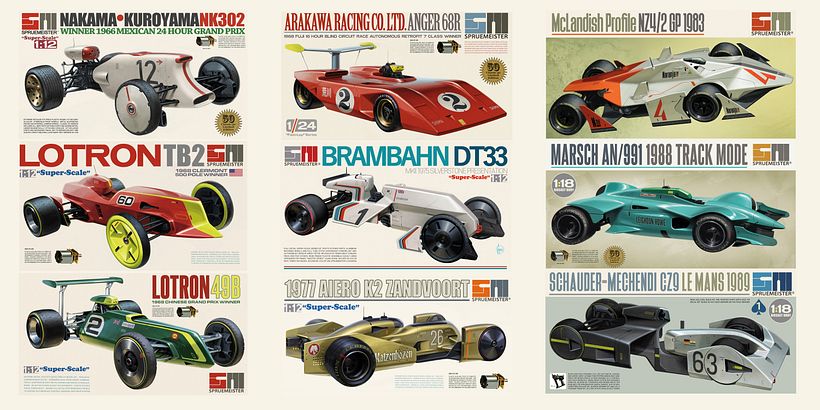 The alt-reality history of automomous racing, as shown through the box art of model kit box art... 1